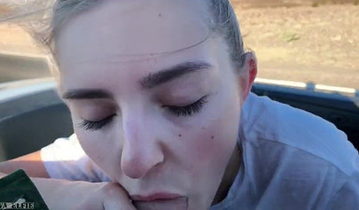 Playful blonde teenie sucks dick and rides it in a car outdoors
