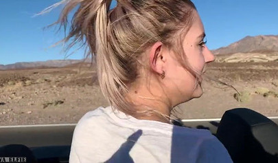 Playful blonde teenie sucks dick and rides it in a car outdoors