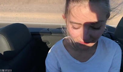Playful blonde teenie sucks dick and rides it in a car outdoors