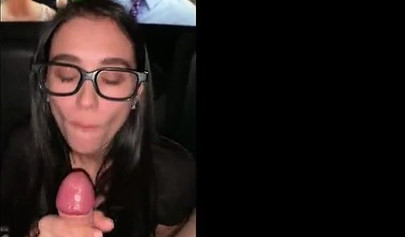 Lusty amateur teenie with sex glasses gives a blowjob at the cinema