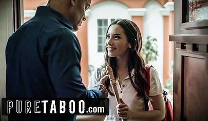 Petite nubile blackmails a married man into smashing her tiny pussy