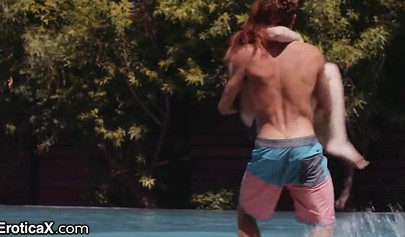 Foxy redhead teen gags on a raging boner and gets hammered hardcore