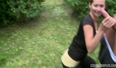 Adorable nubile schoolgirls suck and fuck like real whores in the woods