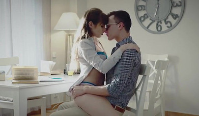 Innocent looking teen babe with big boobs serviced by well endowed boyfriend