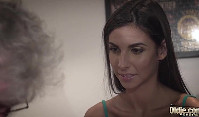 Old man gets his dick sucked and fucked by a brunette nubile