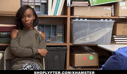 Skinny ebony teen gets fucked after a horny guard catches her shoplifting