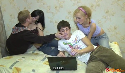 Orgy with four teens fucking and sucking each other's wet yummy genitals