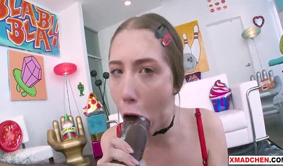 Innocent nubile struggles to please a monstrous black cock with her mouth