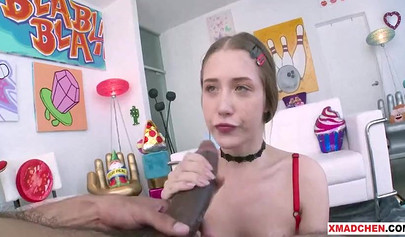 Innocent nubile struggles to please a monstrous black cock with her mouth