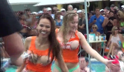 Massive pool party with half nude teens exposing and pleasing themselves publicly