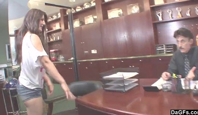 Ravishing brunette pounded by her stepdad happily swallows his hot cum