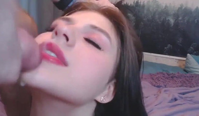 Lusty nubile receives a messy facial after giving the sloppiest blowjob ever