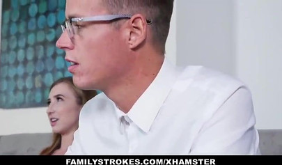 Dashing brunette teen blows stepbrother and rides him while stepmom watches