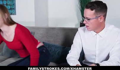 Dashing brunette teen blows stepbrother and rides him while stepmom watches