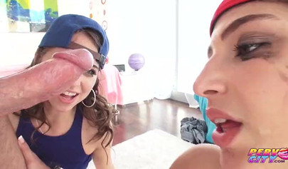 Sensual teens enjoy sucking a cock and licking the balls together