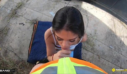 Pretty teen with small boobs gives a blowjob and fucks in public