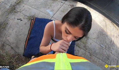 Pretty teen with small boobs gives a blowjob and fucks in public