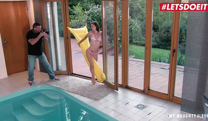 18 year old horny chick pleases an older man near the pool