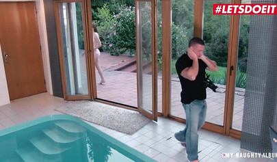 18 year old horny chick pleases an older man near the pool