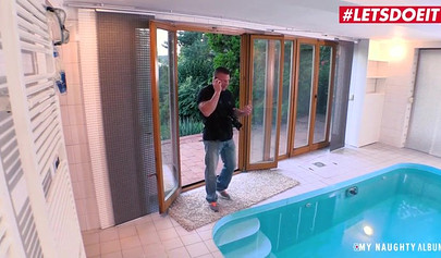 18 year old horny chick pleases an older man near the pool