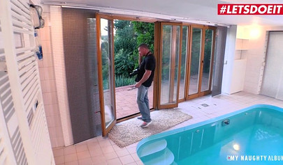 18 year old horny chick pleases an older man near the pool