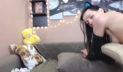 Amateur goth teen with cat ears enjoys some fun and rough anal