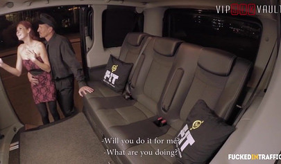 Voluptuous slut in stockings fucks on the back seat of the van