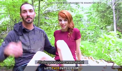 Voluptuous slut fucks naked outside in her first porn appearance