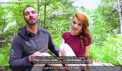 Voluptuous slut fucks naked outside in her first porn appearance