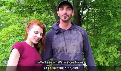 Voluptuous slut fucks naked outside in her first porn appearance