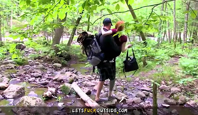 Voluptuous slut fucks naked outside in her first porn appearance