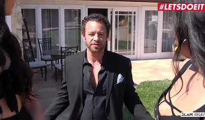 Two mesmerizing bitches fuck a guy together in an outdoor pool