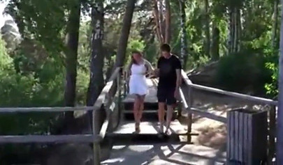 Delectable girl blows on a beach and fucks in the woods