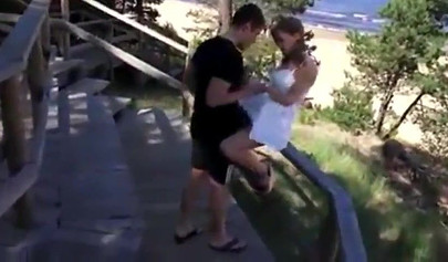 Delectable girl blows on a beach and fucks in the woods