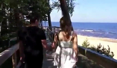 Delectable girl blows on a beach and fucks in the woods