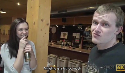 Slut with big boobs sucks her boyfriend's cock in a bowling alley