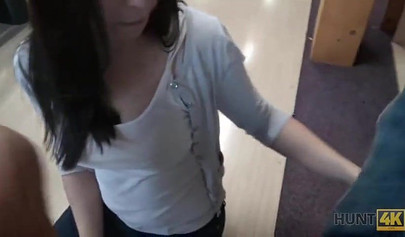 Slut with big boobs sucks her boyfriend's cock in a bowling alley