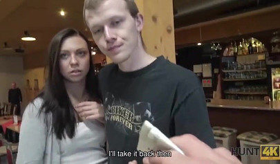 Slut with big boobs sucks her boyfriend's cock in a bowling alley