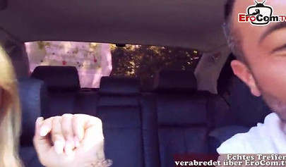 Tattooed babe with big boobs fucks in a car and outdoor