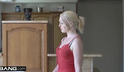 Blonde teen with small tits rides it reverse cowgirl style