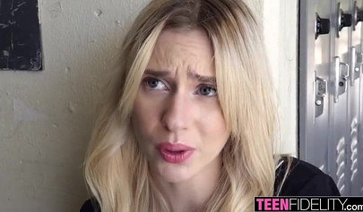 Blonde 19yo is forced to eat cum after doggy style banging