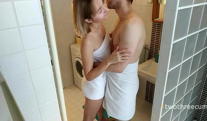 Nubile plays with her boyfriend in the bathroom and jerks him off