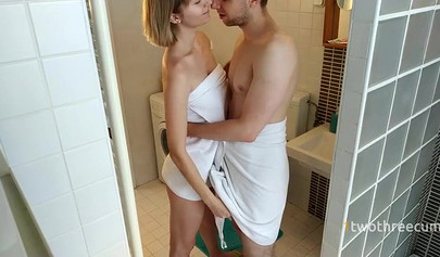 Nubile plays with her boyfriend in the bathroom and jerks him off