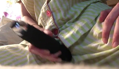 Innocent nubile uses vibrator through pajamas before stripping naked to cum hard