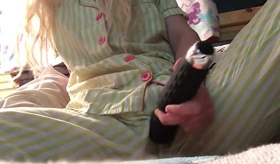 Innocent nubile uses vibrator through pajamas before stripping naked to cum hard