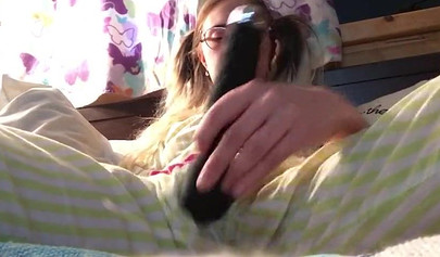 Innocent nubile uses vibrator through pajamas before stripping naked to cum hard