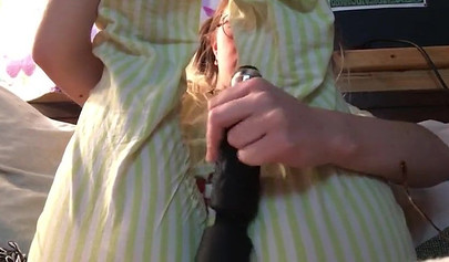 Innocent nubile uses vibrator through pajamas before stripping naked to cum hard