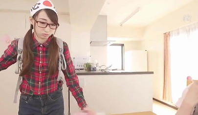 Young Japanese cuties give a sloppy blowjob before riding in a threesome