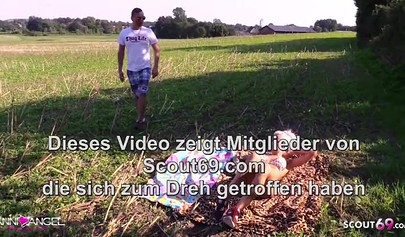 Busty blonde Anni Angel seduces a stranger outdoors