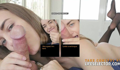 Slutty blonde teen Lucie Kline milking a big cock on the bed